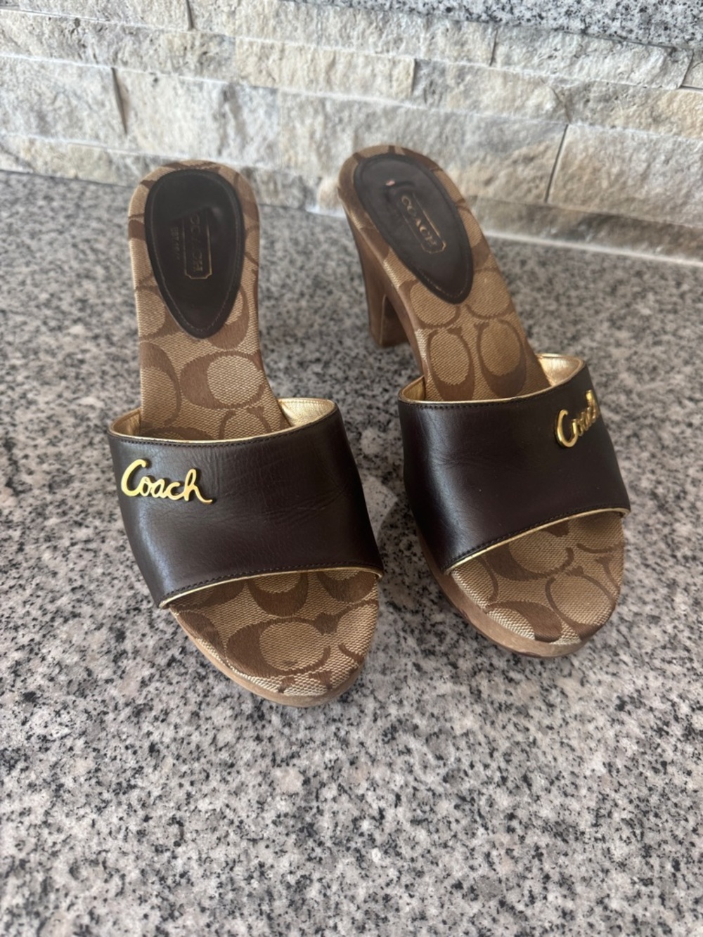Coach Brown Logo Slide Mules with Gold Accent - Size 8